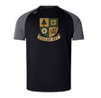 The Exiles Rugby Football Club Elite Training Tee by WRS Canterbury is a black and grey short-sleeve Vapodri shirt, lightweight and durable, featuring a four-part crest and "EXILES RFC" banner, inspired by the Canterbury Elite Training Tee.