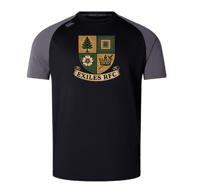 The Exiles Rugby Football Club Elite Training Tee by WRS Canterbury is a black and grey short-sleeve Vapodri shirt, lightweight and durable, featuring a four-part crest and "EXILES RFC" banner, inspired by the Canterbury Elite Training Tee.