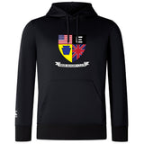 The Erie Rugby Club Club Lightweight Hoodie by WRS Canterbury is a black, lightweight hoodie with a kangaroo pocket and a multi-flag crest above "ERIE RUGBY CLUB," inspired by classic Canterbury designs.