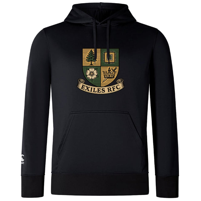 The Exiles Rugby Football Club Lightweight Hoodie by WRS Canterbury features the Exiles RFC crest with tree, castle, flower, and crown above a "EXILES RFC" banner on the chest, plus a kangaroo pocket.