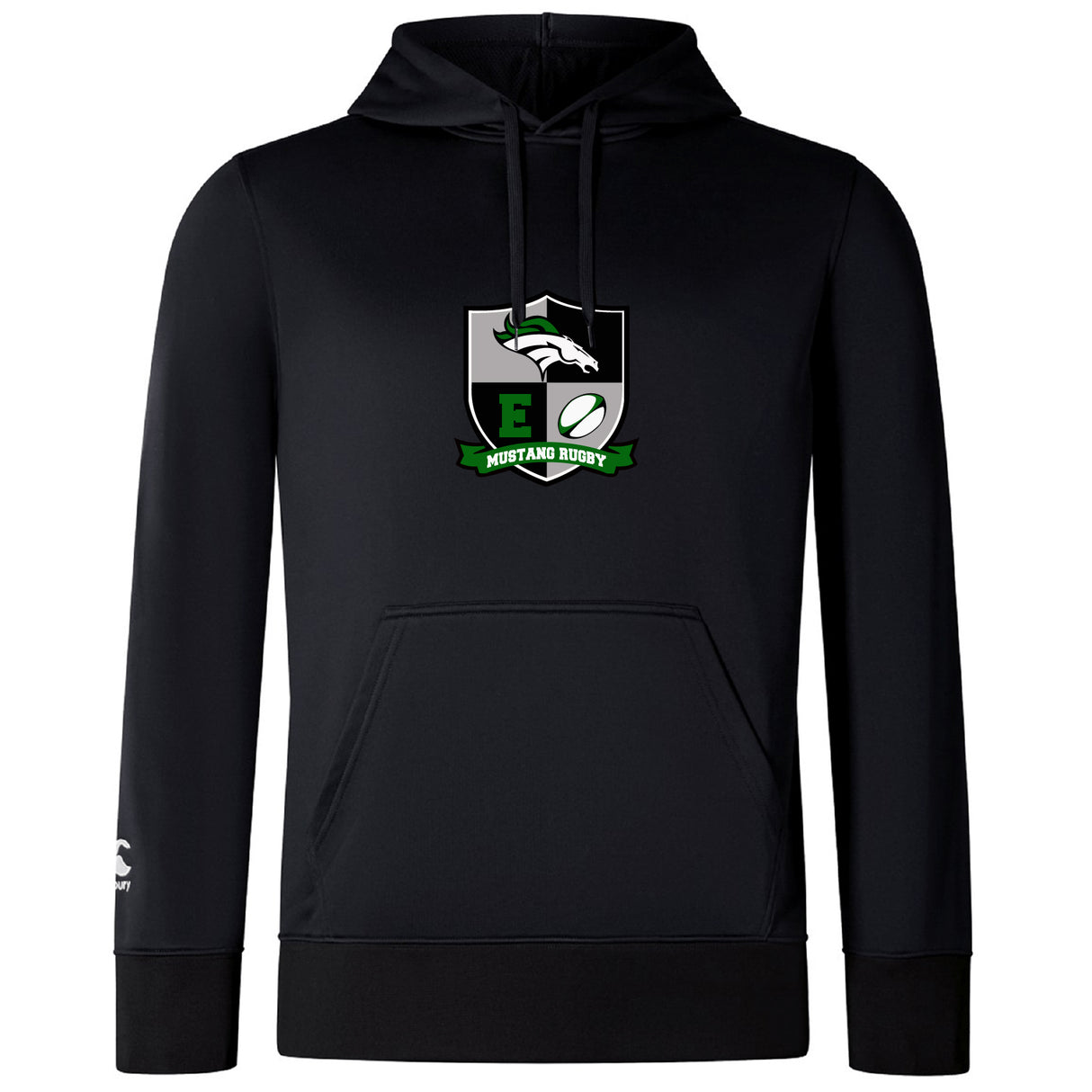 The Eagle High Mustangs Club Lightweight Hoodie by WRS Canterbury is a black hooded sweatshirt featuring the team logo with a white horse, green and black shield, and ribbon on the chest, plus a classic kangaroo pocket for comfort.