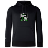 The Eagle High Mustangs Club Lightweight Hoodie by WRS Canterbury is a black hooded sweatshirt featuring the team logo with a white horse, green and black shield, and ribbon on the chest, plus a classic kangaroo pocket for comfort.