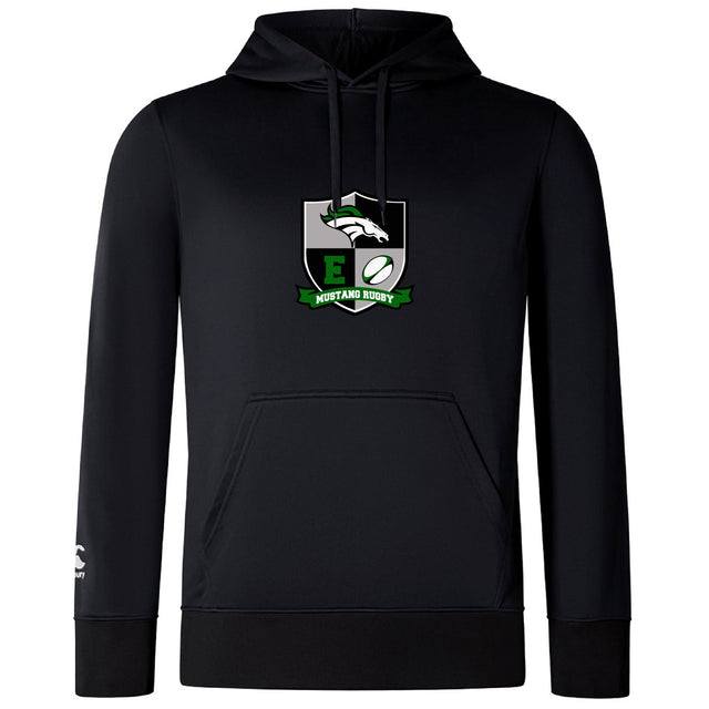 The Eagle High Mustangs Club Lightweight Hoodie by WRS Canterbury is a black hooded sweatshirt featuring the team logo with a white horse, green and black shield, and ribbon on the chest, plus a classic kangaroo pocket for comfort.