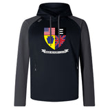The Erie Rugby Club Elite Training Hoody by WRS Canterbury is a black and gray performance hoodie with a crest displaying American, German, and British flags above "ERIE RUGBY CLUB" text.