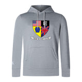 The Erie Rugby Club Lightweight Hoodie by Canterbury from WRS Canterbury is light gray, featuring a multi-color club crest with American, British, and Pennsylvania symbols on the chest and a classic kangaroo pocket.