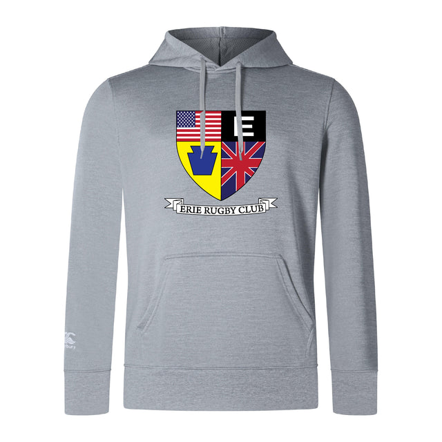 The Erie Rugby Club Lightweight Hoodie by Canterbury from WRS Canterbury is light gray, featuring a multi-color club crest with American, British, and Pennsylvania symbols on the chest and a classic kangaroo pocket.
