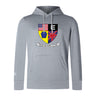 The Erie Rugby Club Lightweight Hoodie by Canterbury from WRS Canterbury is light gray, featuring a multi-color club crest with American, British, and Pennsylvania symbols on the chest and a classic kangaroo pocket.