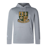 The Exiles Rugby Football Club Club Lightweight Hoodie by WRS Canterbury features a light gray design, multicolored "EXILES RFC" crest with symbols, and a front kangaroo pocket.
