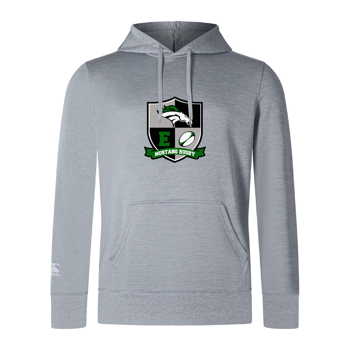 The Eagle High Mustangs Club Lightweight Hoodie by WRS Canterbury is light gray with a kangaroo pocket and features a green, black, and white "Mustang Rugby" crest logo on the chest.