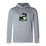The Eagle High Mustangs Club Lightweight Hoodie by WRS Canterbury is light gray with a kangaroo pocket and features a green, black, and white "Mustang Rugby" crest logo on the chest.
