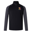 The Erie Rugby Club Elite First Layer by EMB Canterbury is a black and dark gray quarter-zip pullover featuring VapoDri tech and a crest logo with an eagle and shield on the left chest—perfect for training.
