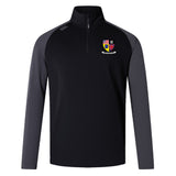 The Erie Rugby Club Elite First Layer by EMB Canterbury is a black and dark gray quarter-zip pullover featuring VapoDri tech and a crest logo with an eagle and shield on the left chest—perfect for training.