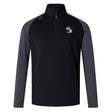 The EMB Canterbury Eagle High Mustangs Elite First Layer features a black quarter-zip design, grey long sleeves, VapoDri moisture control, and an embroidered team logo—ideal as a rugby training top.