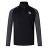 The EMB Canterbury Eagle High Mustangs Elite First Layer features a black quarter-zip design, grey long sleeves, VapoDri moisture control, and an embroidered team logo—ideal as a rugby training top.