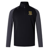 A black and dark gray EMB Canterbury Exiles Rugby Football Club Elite First Layer quarter-zip pullover featuring VapoDri technology and a crest with green and gold details on the left chest.