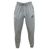 The Eagle High Mustangs Leisure Sweatpant by EMB Canterbury features a gray sustainable fleece, elastic waistband with drawstring, white logo on the left thigh, small emblem on the right thigh, and is shown against a white background.