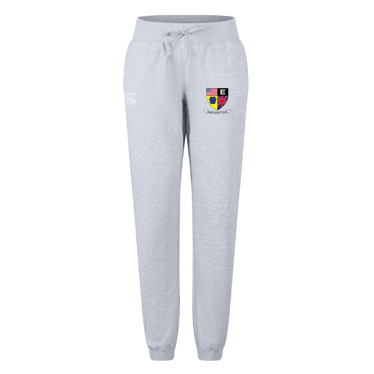 The Erie Rugby Club Women's Leisure Sweatpant by EMB Canterbury features light grey organic cotton, a drawstring waist, cuffed ankles, and a colorful embroidered crest—combining comfort and style for women.