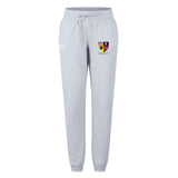 The Erie Rugby Club Women's Leisure Sweatpant by EMB Canterbury features light grey organic cotton, a drawstring waist, cuffed ankles, and a colorful embroidered crest—combining comfort and style for women.