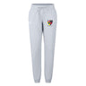 The Erie Rugby Club Women's Leisure Sweatpant by EMB Canterbury features light grey organic cotton, a drawstring waist, cuffed ankles, and a colorful embroidered crest—combining comfort and style for women.