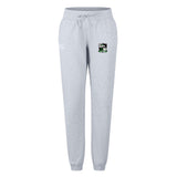The Eagle High Mustangs Women's Leisure Sweatpant by EMB Canterbury features light gray organic cotton, an elastic waistband with drawstring, and a small embroidered crest logo on the left thigh for casual comfort.