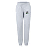 The Eagle High Mustangs Women's Leisure Sweatpant by EMB Canterbury features light gray organic cotton, an elastic waistband with drawstring, and a small embroidered crest logo on the left thigh for casual comfort.