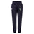 The Eagle High Mustangs Women's Leisure Sweatpant by EMB Canterbury features a navy blue design with drawstring waist, elastic cuffs, white logo on the left thigh, and green/white crest on the right—ideal for leisure or rugby style.