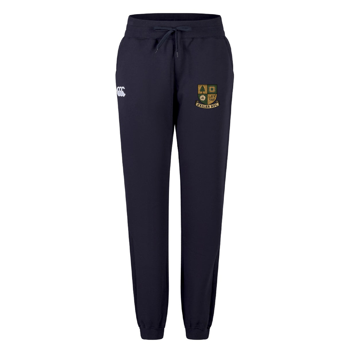 Exiles Rugby Football Club Women's Leisure Sweatpant by EMB Canterbury in navy blue, featuring a drawstring waist, elastic cuffs, and two embroidered logos on the upper thighs.