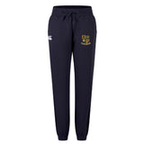Exiles Rugby Football Club Women's Leisure Sweatpant by EMB Canterbury in navy blue, featuring a drawstring waist, elastic cuffs, and two embroidered logos on the upper thighs.
