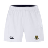The Exiles Rugby Football Club Advantage Short 2.0 by EMB Canterbury are white recycled performance shorts with an elastic waistband, the Canterbury logo on the left leg, and a crest with "Exiles RFC" text on the right leg.