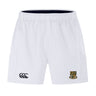 The Exiles Rugby Football Club Advantage Short 2.0 by EMB Canterbury are white recycled performance shorts with an elastic waistband, the Canterbury logo on the left leg, and a crest with "Exiles RFC" text on the right leg.