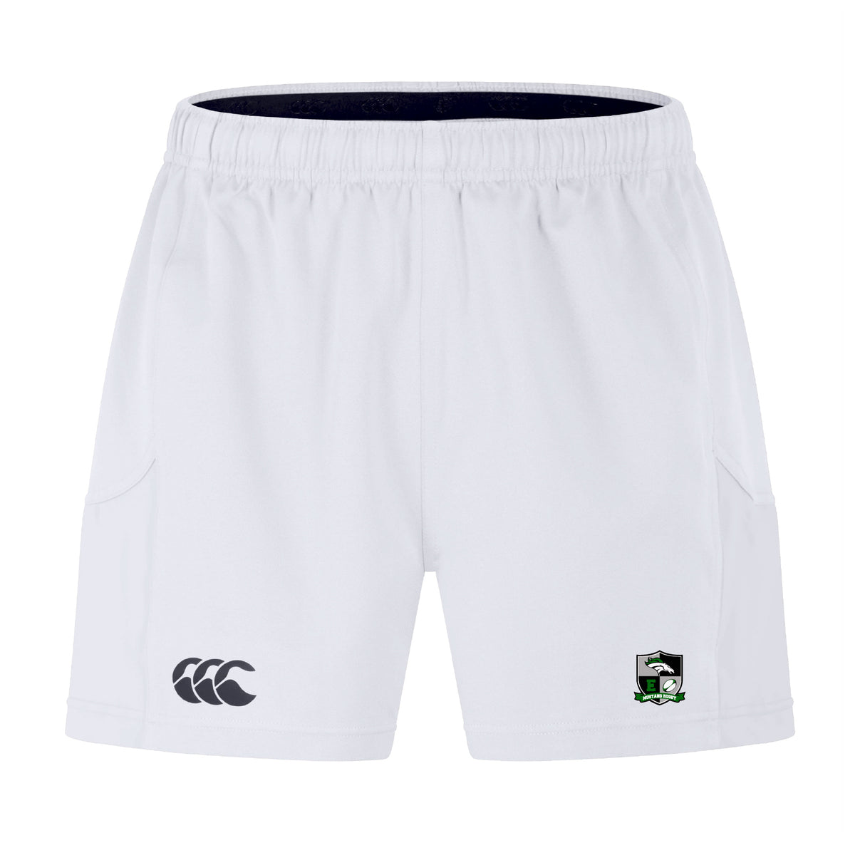 The Eagle High Mustangs Advantage Short 2.0 by EMB Canterbury features an elastic waistband, side pockets, a black Canterbury logo on the left leg, and a green Eagle High Mustangs crest on the right. Made with recycled content.