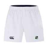 The Eagle High Mustangs Advantage Short 2.0 by EMB Canterbury features an elastic waistband, side pockets, a black Canterbury logo on the left leg, and a green Eagle High Mustangs crest on the right. Made with recycled content.