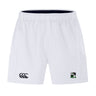The Eagle High Mustangs Advantage Short 2.0 by EMB Canterbury features an elastic waistband, side pockets, a black Canterbury logo on the left leg, and a green Eagle High Mustangs crest on the right. Made with recycled content.
