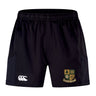 The EMB Canterbury Exiles Rugby Football Club Advantage Short 2.0 are black sustainable athletic shorts with an elastic waistband, featuring the Canterbury logo and Exiles RFC crest; part of the recycled Advantage 2.0 collection.