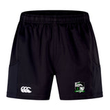 The Eagle High Mustangs Advantage Short 2.0 by EMB Canterbury features an elastic waistband, a white Canterbury logo on the left leg, and a green/black team crest on the right leg, made from recycled materials for eco-friendly comfort.