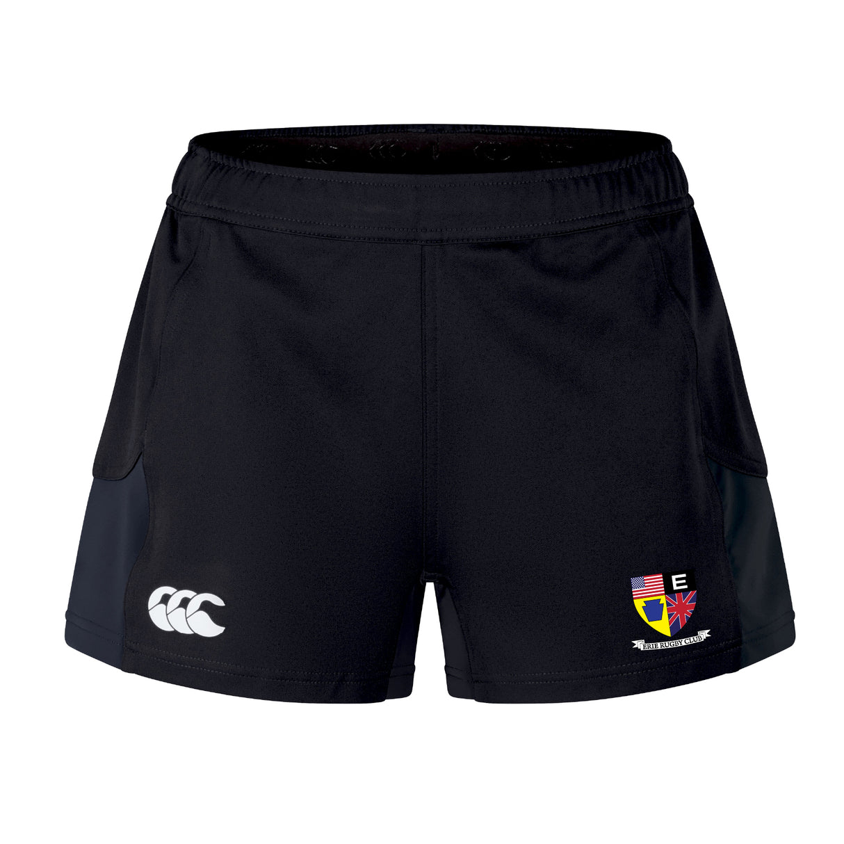 The Erie Rugby Club Women's Advantage Short 2.0 by EMB Canterbury features a white Canterbury logo left leg and a multicolored "E" crest right leg, offering stylish, functional performance for active women.