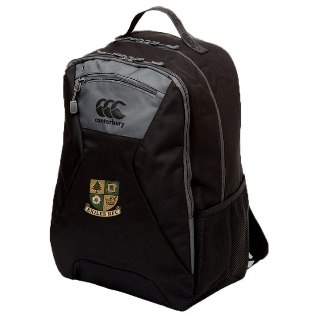 The Exiles Rugby Football Club Medium Backpack by Canterbury features two zippered compartments, a padded laptop pocket, side mesh pocket, and the Exiles RFC crest on the front. Brand: EMB Canterbury.