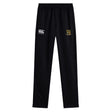 The Exiles Rugby Football Club Stretch Tapered Pant by EMB Canterbury features an elastic waistband, quick-dry fabric, and two embroidered logos (white and multicolored) on the front. Laid flat on a white background.