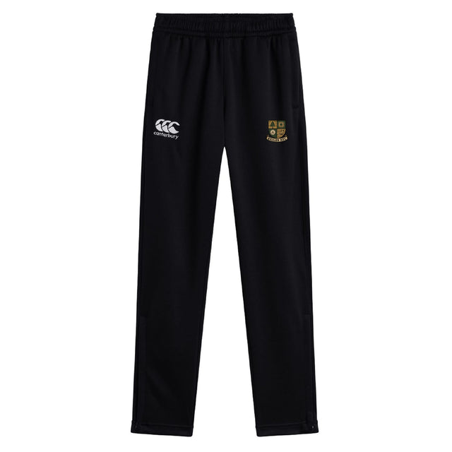 The Exiles Rugby Football Club Stretch Tapered Pant by EMB Canterbury features an elastic waistband, quick-dry fabric, and two embroidered logos (white and multicolored) on the front. Laid flat on a white background.