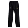 The Exiles Rugby Football Club Stretch Tapered Pant by EMB Canterbury features an elastic waistband, quick-dry fabric, and two embroidered logos (white and multicolored) on the front. Laid flat on a white background.