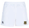 The EMB Canterbury Exiles Rugby Football Club Professional Polyester Rugby Shorts feature the Canterbury logo on the left leg and a multicolored Exiles RFC crest on the right, combining comfort and style for both on and off the pitch.