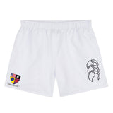 The Erie Rugby Club Tactic Short by EMB Canterbury features a black abstract logo on the right leg and a multicolored crest with flags and text on the left—ideal men's training shorts for style and performance.