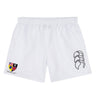 The Erie Rugby Club Tactic Short by EMB Canterbury features a black abstract logo on the right leg and a multicolored crest with flags and text on the left—ideal men's training shorts for style and performance.