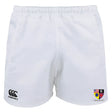 The Erie Rugby Club Player's Drill Short by EMB Canterbury features a black logo on the left leg and a multi-flag rugby club crest on the right, combining performance and style.