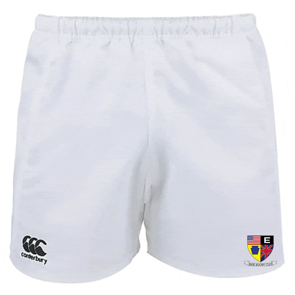 The EMB Canterbury Erie Rugby Club Professional Polyester Rugby Short features an elastic waistband, the Canterbury logo on the left leg, and a shield emblem on the right, offering comfort and performance for rugby.