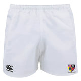The EMB Canterbury Erie Rugby Club Professional Polyester Rugby Short features an elastic waistband, the Canterbury logo on the left leg, and a shield emblem on the right, offering comfort and performance for rugby.