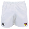 The EMB Canterbury Erie Rugby Club Professional Polyester Rugby Short features an elastic waistband, the Canterbury logo on the left leg, and a shield emblem on the right, offering comfort and performance for rugby.