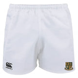 The Exiles Rugby Football Club Advantage Rugby Shorts by Canterbury feature an elastic waistband, Canterbury logo on the left leg, and club crest on the right—ideal for rugby training or match days. Brand: EMB Canterbury.