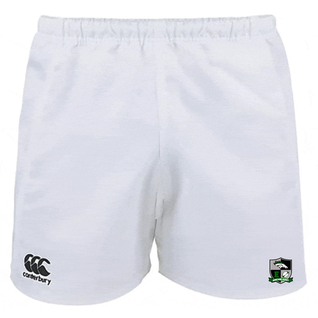 The Eagle High Mustangs Advantage Rugby Shorts by EMB Canterbury feature moisture-wicking fabric, the Canterbury logo on the left leg, and a football-and-shield crest on the right—ideal for athletic performance.