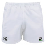 The Eagle High Mustangs Advantage Rugby Shorts by EMB Canterbury feature moisture-wicking fabric, the Canterbury logo on the left leg, and a football-and-shield crest on the right—ideal for athletic performance.